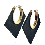 Lozenge Shape Brown Wood and Metal Earrings (6943943622835)