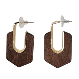 Pentagon-like Shape Brown Wood and Metal Earrings (6943946440883)
