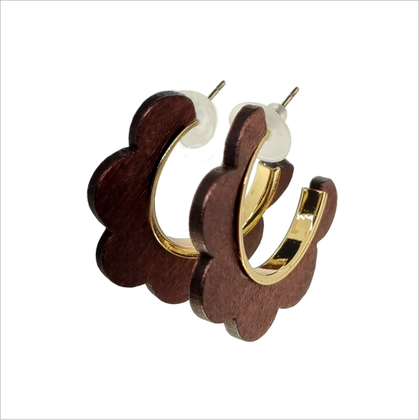 Flower Shape Brown Wood and Metal Earrings (6943943426227)