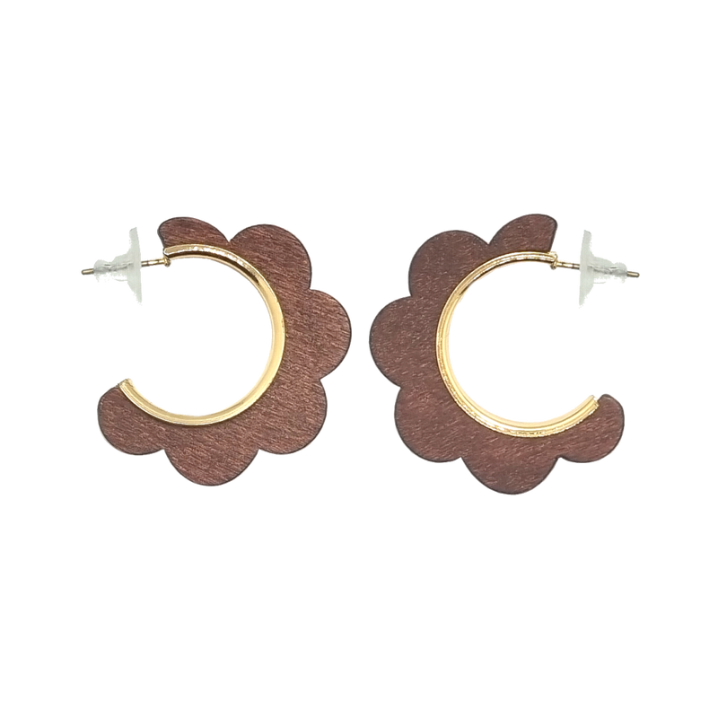 Flower Shape Brown Wood and Metal Earrings (6943943426227)