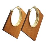 Lozenge Shape Brown Wood and Metal Earrings (6943943622835)