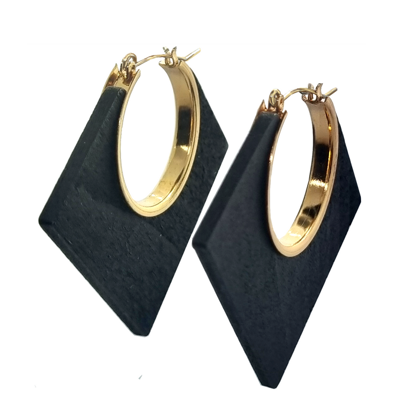 Lozenge Shape Black Wood and Metal Earrings (6943945031859)