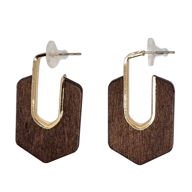 Pentagon-like Shape Brown Wood and Metal Earrings (6943946440883)